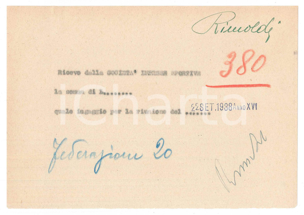 Autografo originale 1938 CICLISMO MILANO Ricevuta Pietro RIMOLDI per ingaggio VIGORELLI AUTOGRAFO 1