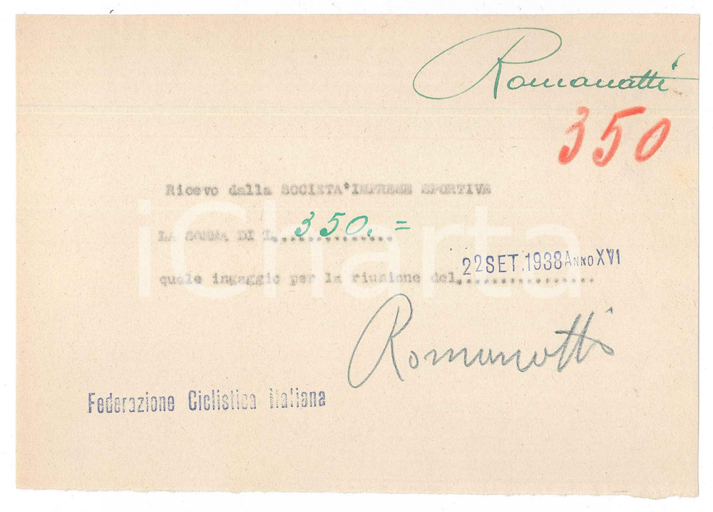Autografo originale 1938 CICLISMO MILANO Ricevuta Carlo ROMANATTI per ingaggio VIGORELLI AUTOGRAFO 1
