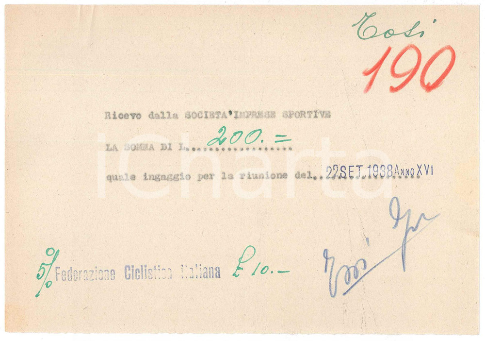 Autografo originale 1938 CICLISMO MILANO Ricevuta Angelo TOSI per ingaggio VIGORELLI AUTOGRAFO 1