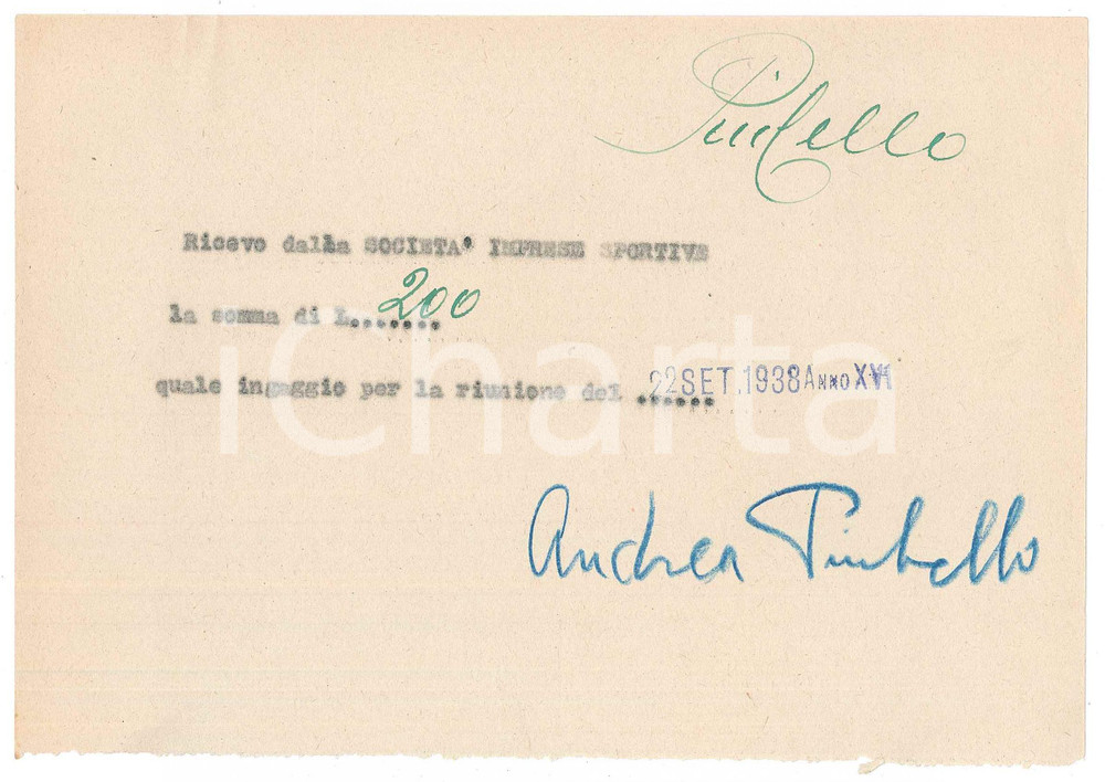 Autografo originale 1938 CICLISMO MILANO Ricevuta Andrea PIUBELLO per ingaggio VIGORELLI AUTOGRAFO 1