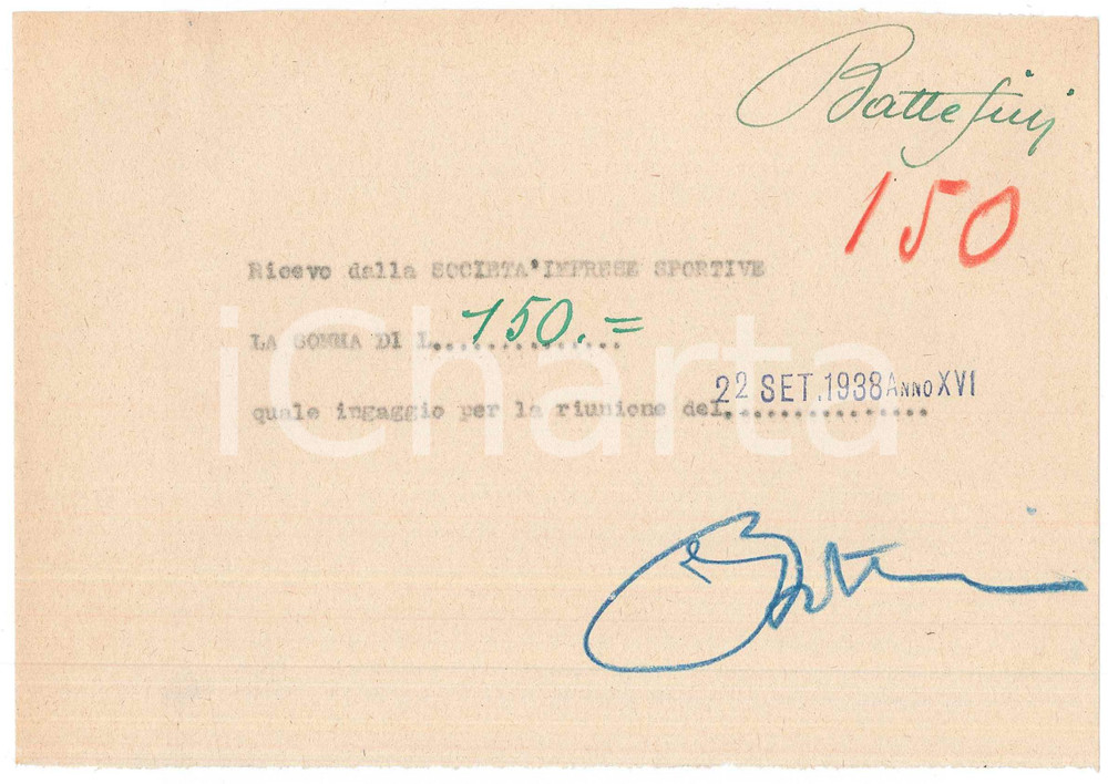 Autografo originale 1938 CICLISMO MILANO Ricevuta Fabio BATTESINI per ingaggio VIGORELLI AUTOGRAFO 1