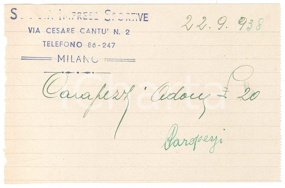 Autografo originale 1938 MILANO CICLISMO Ricevuta Adone CARAPEZZI per gara  AUTOGRAFO 1