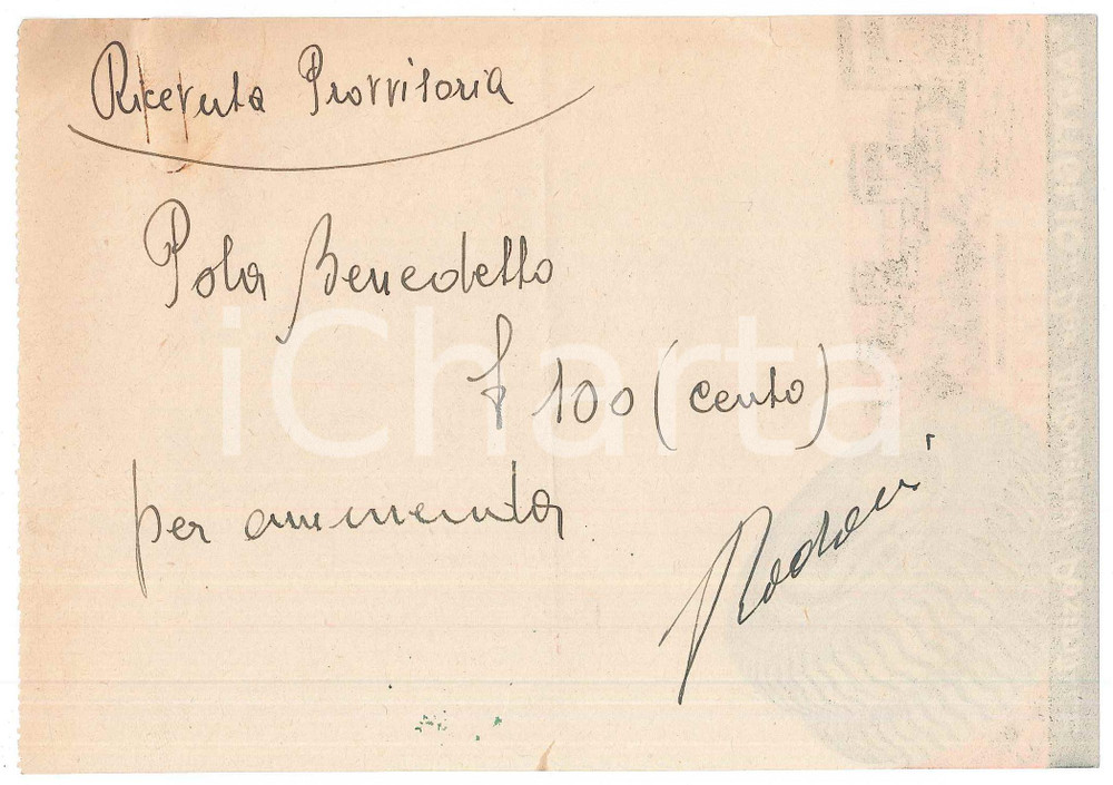Autografo originale 1940 ca CICLISMO  Autografo Benedetto POLA su ricevuta PIRELLI ARTIGLIO 1