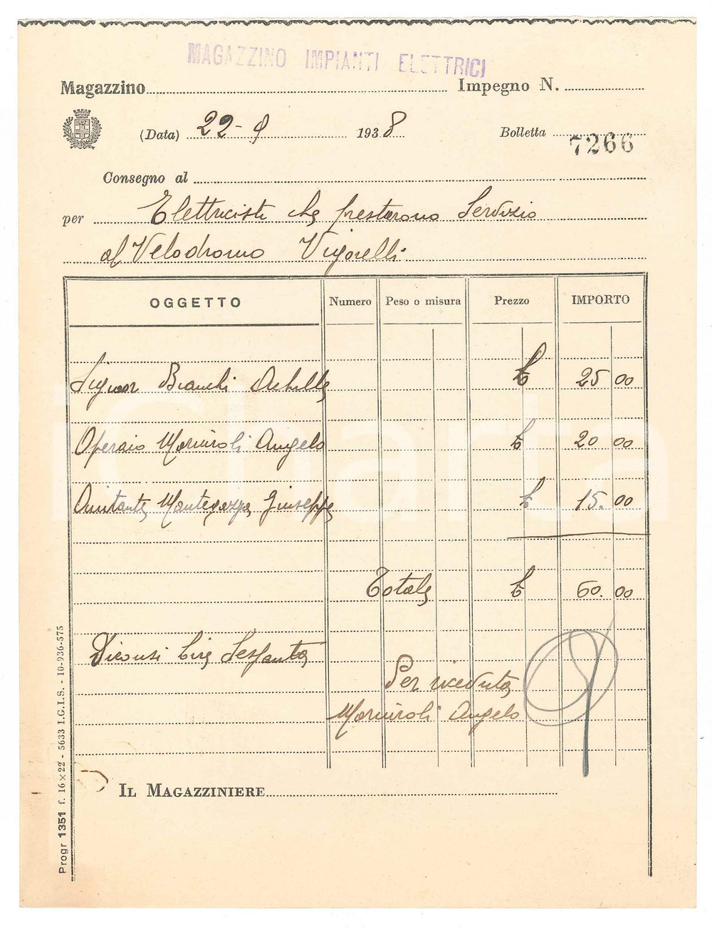 Documento originale, autentico 1938 MILANO CICLISMO Velodromo Vigorelli Conto elettricisti per una gara 1