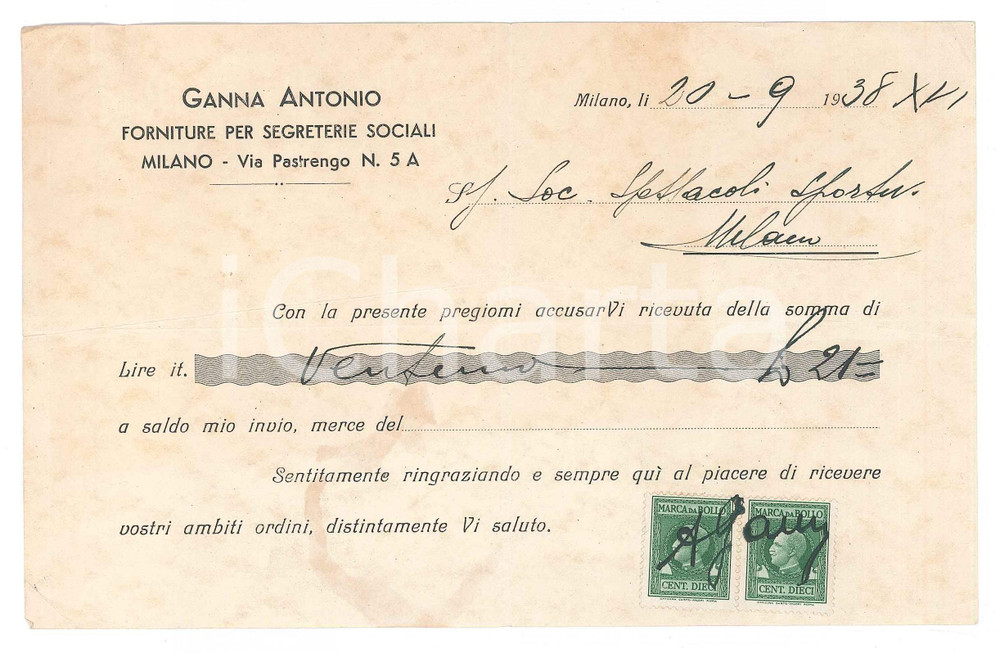 Documento originale, autentico 1938 MILANO Ditta Antonio GANNA  Forniture segreterie sociali  Ricevuta 1
