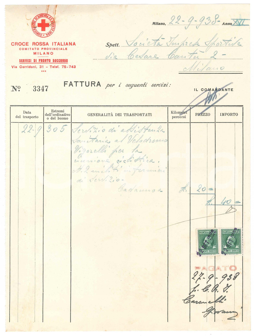 Documento originale, autentico 1938 MILANO CROCE ROSSA ITALIANA Fattura per assistenza corsa CICLISMO Vigorelli 1