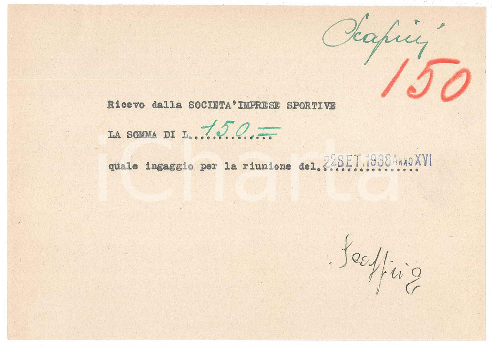 Autografo originale 1938 CICLISMO MILANO Vigorelli  Ricevuta Edgar SCAPPINI per gara AUTOGRAFO 1