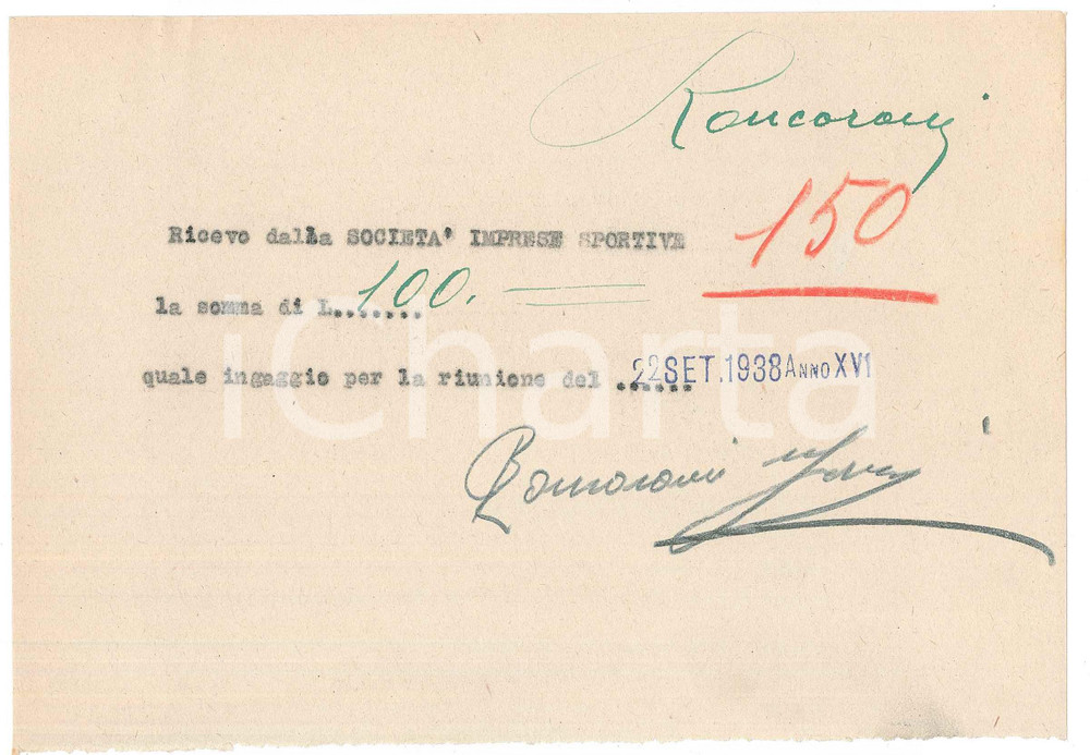 Autografo originale 1938 CICLISMO MILANO Vigorelli  Ricevuta Mario RONCORONI per gara AUTOGRAFO 1