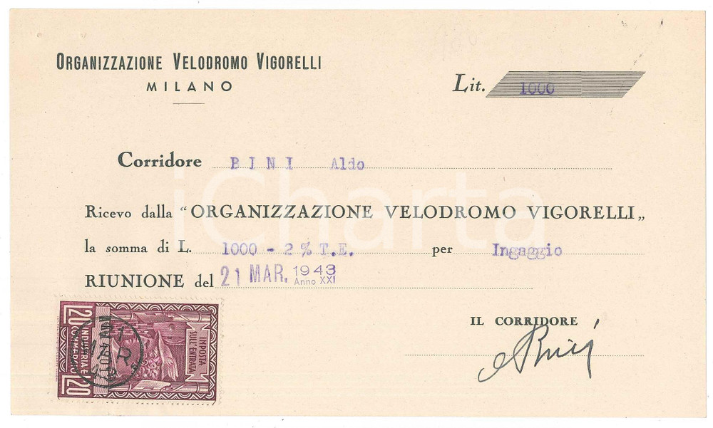 Autografo originale 1943 CICLISMO MILANO Ricevuta Aldo BINI per ingaggio VIGORELLI  AUTOGRAFO 1