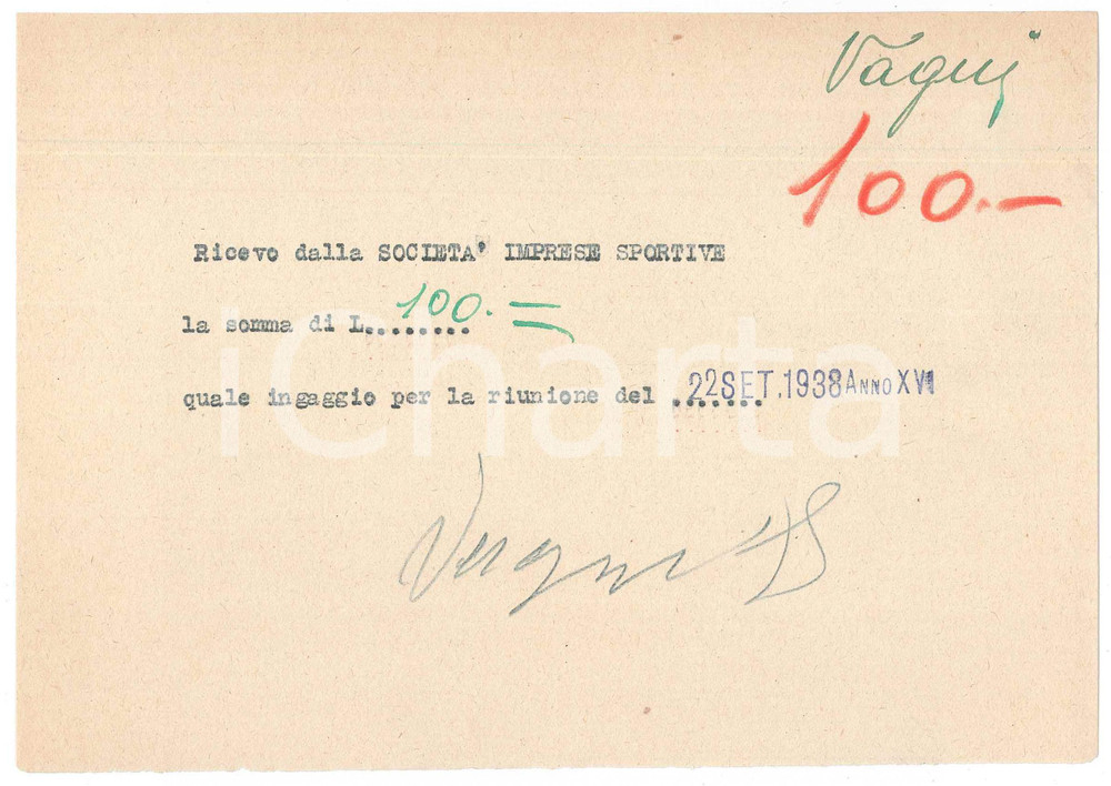 Autografo originale 1938 CICLISMO Milano Vigorelli  Ricevuta Enrico VAGNI per gara AUTOGRAFO 1