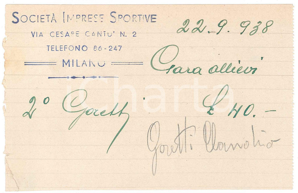 Autografo originale 1938 MILANO CICLISMO Ricevuta Claudio GORETTI per gara ALLIEVI  AUTOGRAFO 1