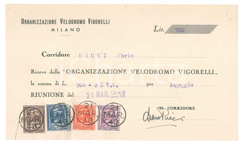 Autografo originale 1943 CICLISMO MILANO Ricevuta Mario RICCI per ingaggio VIGORELLI  AUTOGRAFO 1