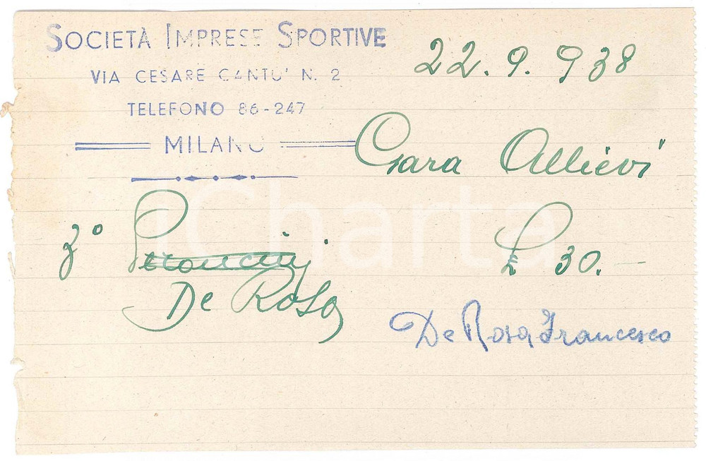 Autografo originale 1938 MILANO CICLISMO Ricevuta Francesco DE ROSA per gara ALLIEVI  AUTOGRAFO 1
