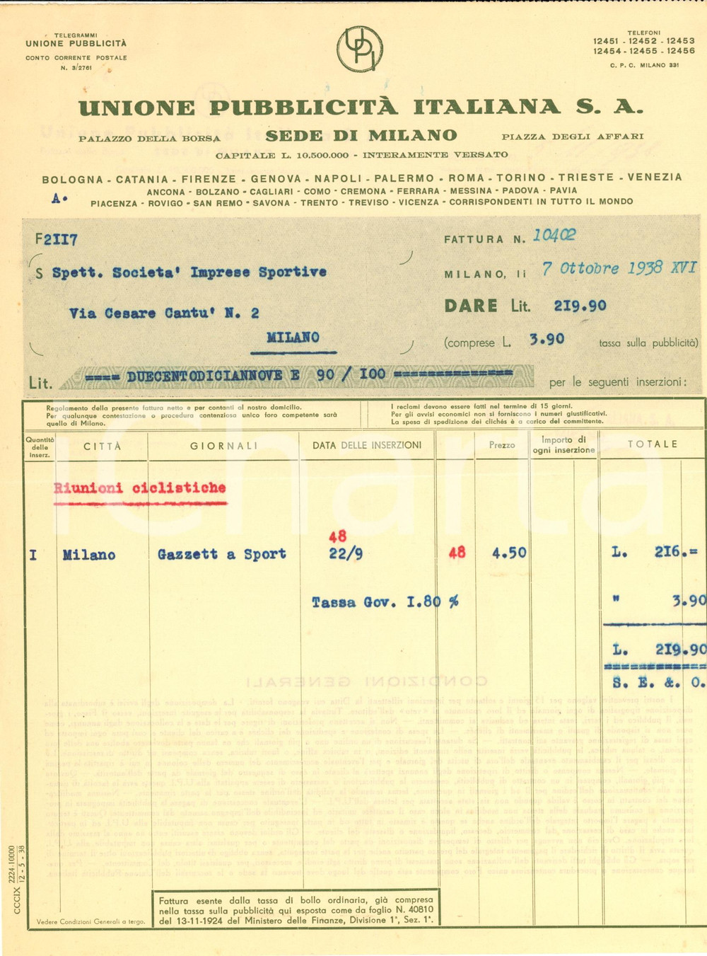 Documento originale, autentico 1938 MILANO Unione Pubblicità Italiana  Fattura inserzioni gare CICLISMO 1 1