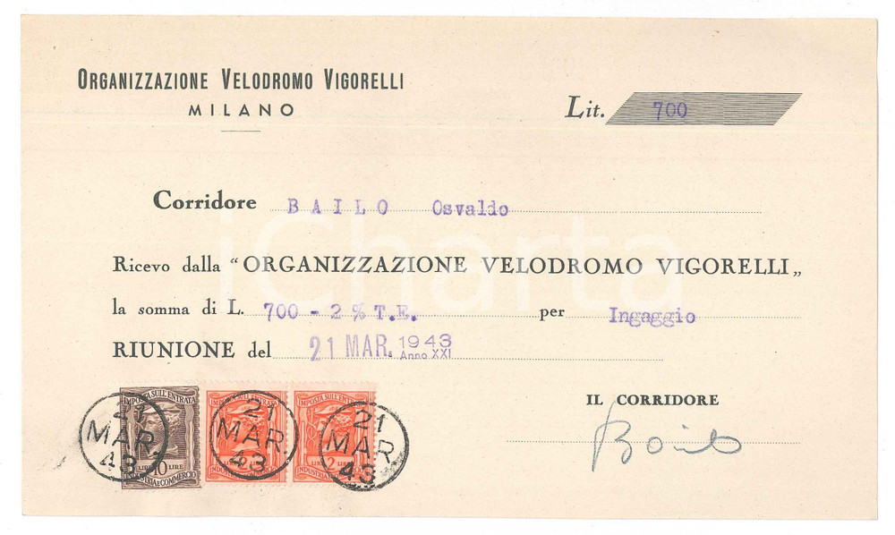 Autografo originale 1943 CICLISMO MILANO Ricevuta Osvaldo BAILO per gara VIGORELLI AUTOGRAFO 1