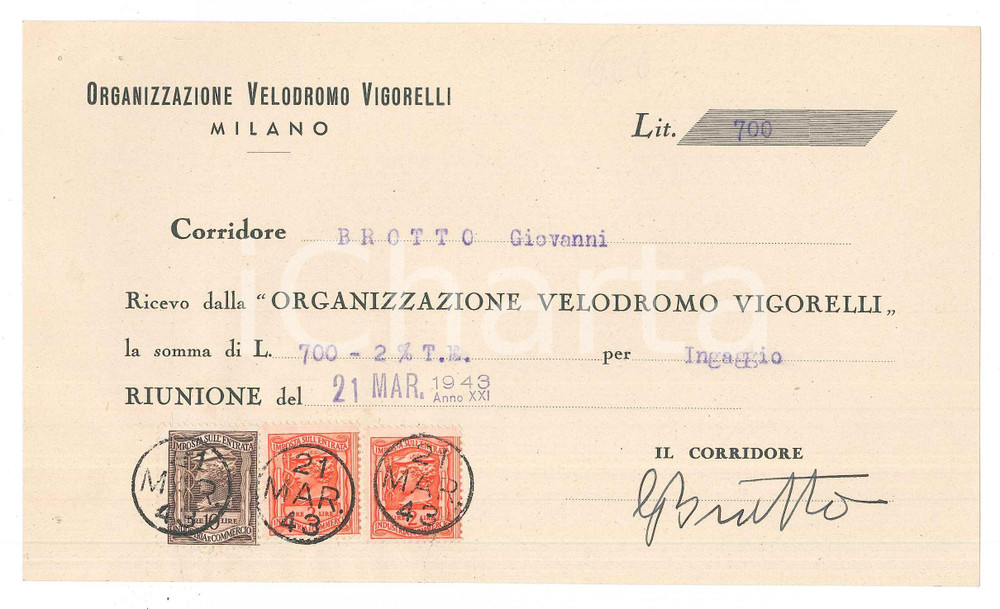 Autografo originale 1943 CICLISMO MILANO Ricevuta Giovanni BROTTO per gara VIGORELLI AUTOGRAFO 1