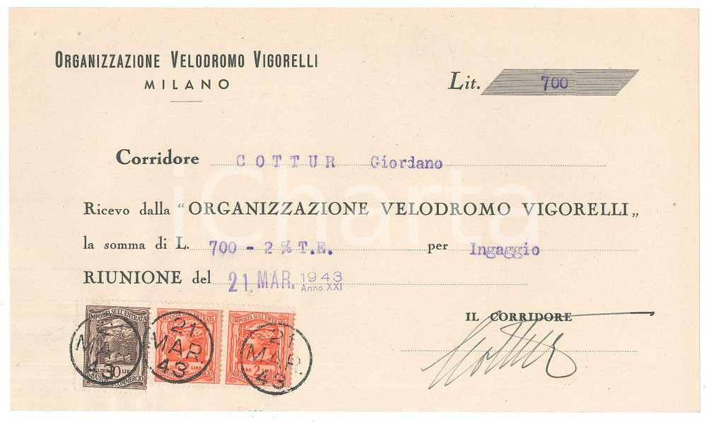 Autografo originale 1943 CICLISMO MILANO Ricevuta Giordano COTTUR per gara VIGORELLI AUTOGRAFO 1