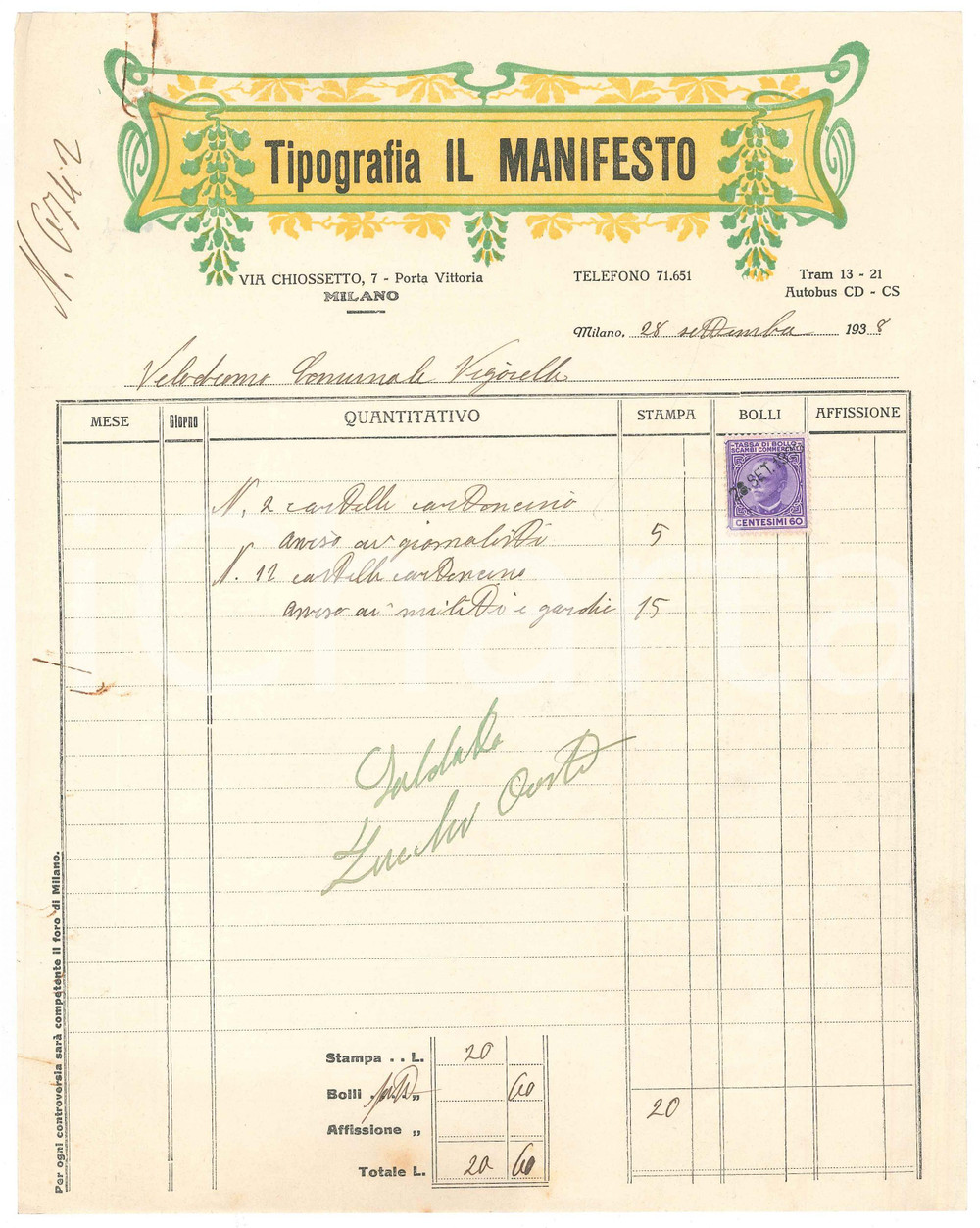 Documento originale, autentico 1938 MILANO Tipografia IL MANIFESTO  Fattura per cartelli CICLISMO Vigorelli 1
