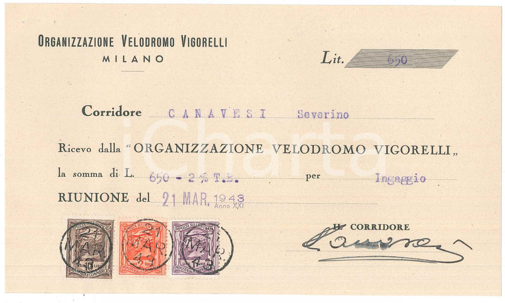 Autografo originale 1943 CICLISMO MILANO Ricevuta Severino CANAVESI per gara VIGORELLI AUTOGRAFO 1
