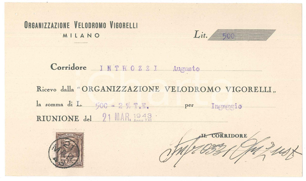 Autografo originale 1943 CICLISMO MILANO Ricevuta Augusto INTROZZI per ingaggio VIGORELLI AUTOGRAFO 1
