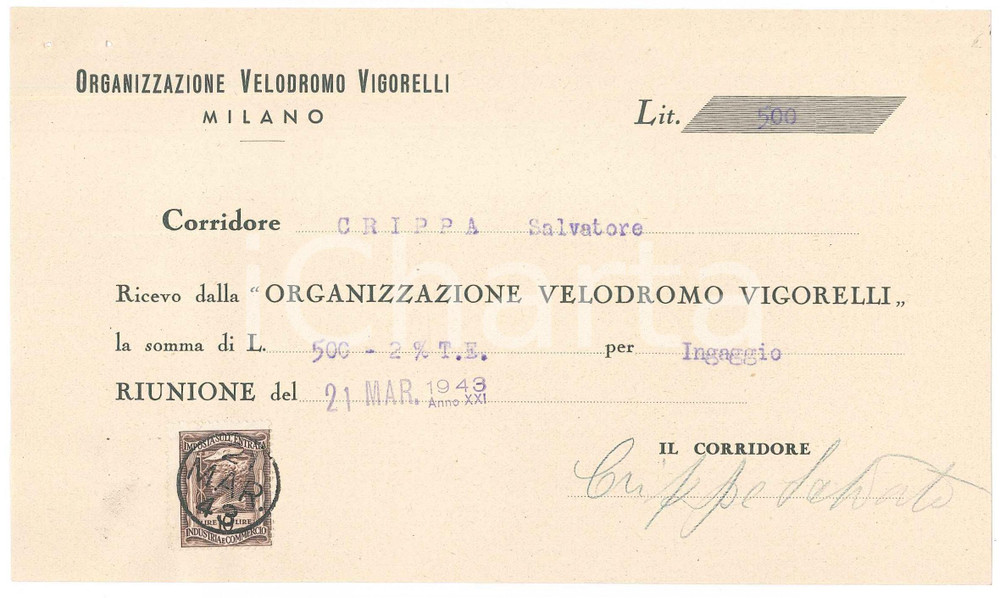 Autografo originale 1943 CICLISMO MILANO Ricevuta Salvatore CRIPPA per gara VIGORELLI  AUTOGRAFO 1