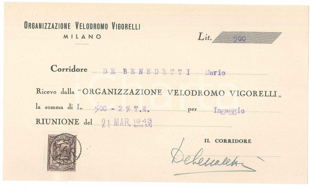 Autografo originale 1943 CICLISMO MILANO Ricevuta Mario DE BENEDETTI per gara VIGORELLI  AUTOGRAFO 1