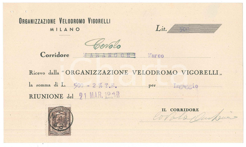 Autografo originale 1943 CICLISMO MILANO Ricevuta Antonio COVOLO per ingaggio VIGORELLI  AUTOGRAFO 1
