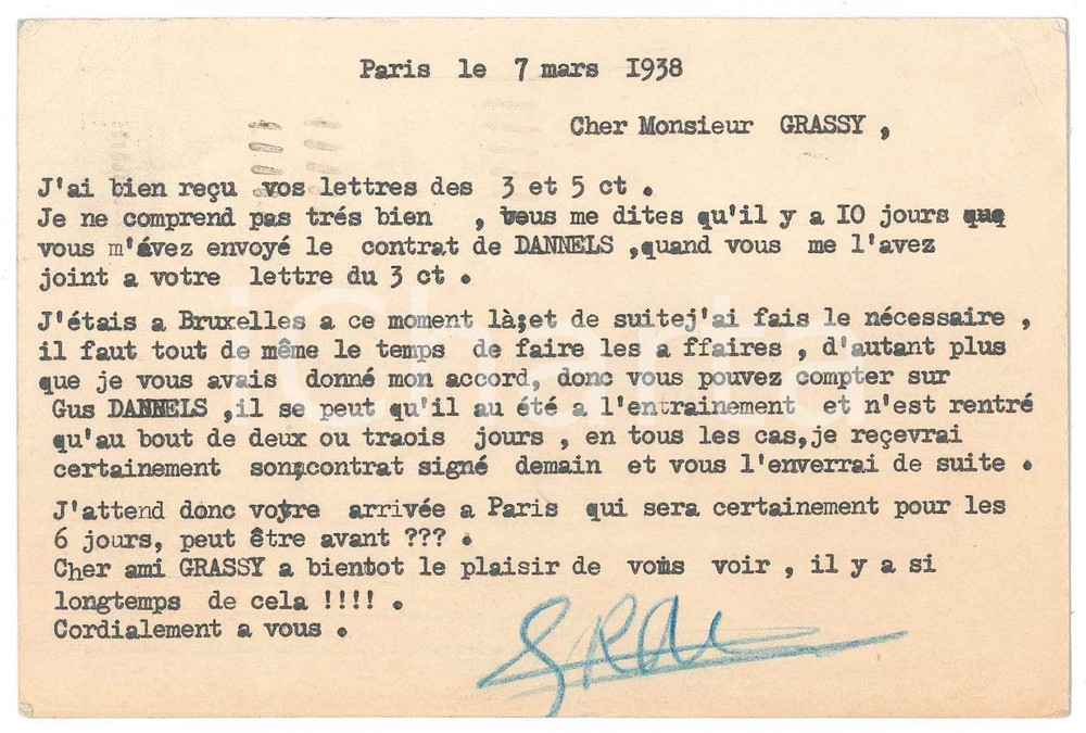 Autografo originale 1938 PARIS CICLISMO Cartolina Georges KAISER direttore sportivo  Autografo 1