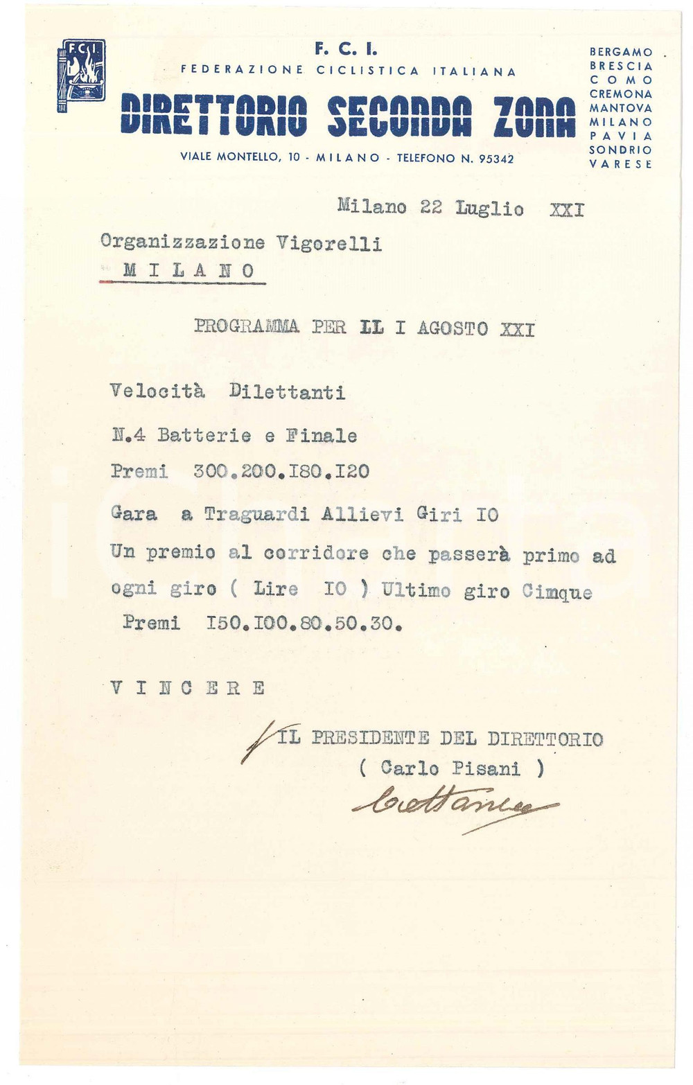 Documento originale, autentico 1943 F.C.I. CICLISMO MILANO Lettera Direttorio Seconda Zona programma gara 1