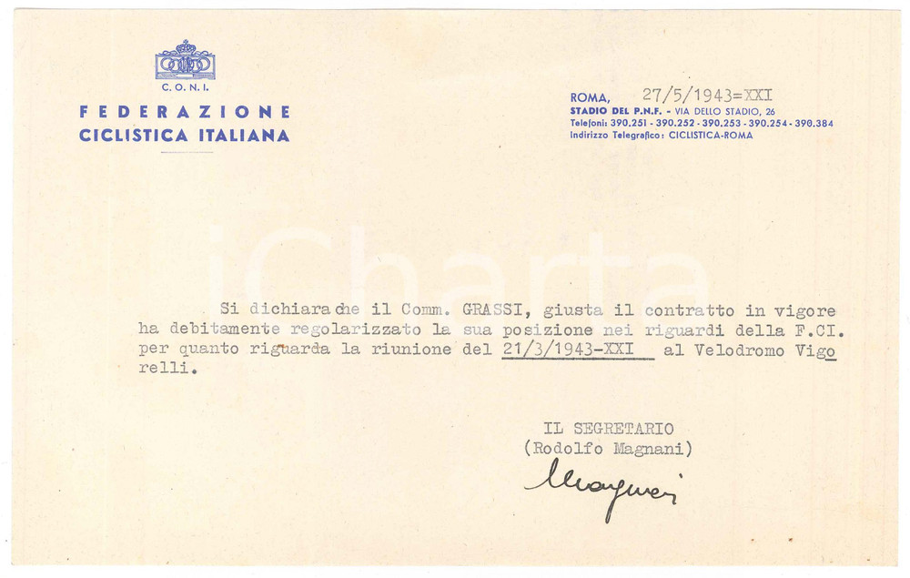 Documento originale, autentico 1943 CICLISMO C.O.N.I. ROMA Ricevuta Rodolfo MAGNANI per saldo posizione 1