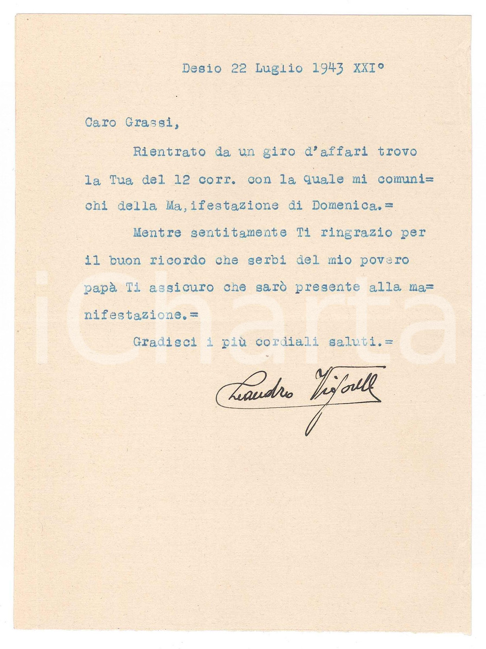 Autografo originale 1943 CICLISMO DESIO Leandro VIGORELLI conferma partecipazione AUTOGRAFO 1
