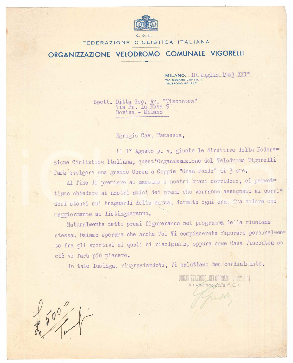 1943 CICLISMO C.O.N.I. MILANO Velodromo Vigorelli - Lettera ricerca sponsor
