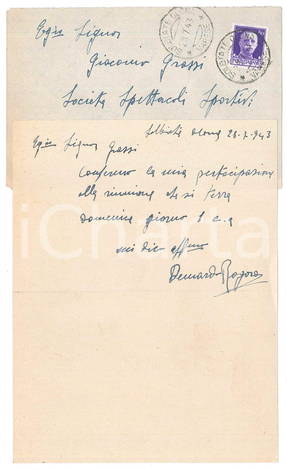 Autografo originale 1943 CICLISMO SOLBIATE OLONA Bernardo ROGORA conferma gara AUTOGRAFO 1