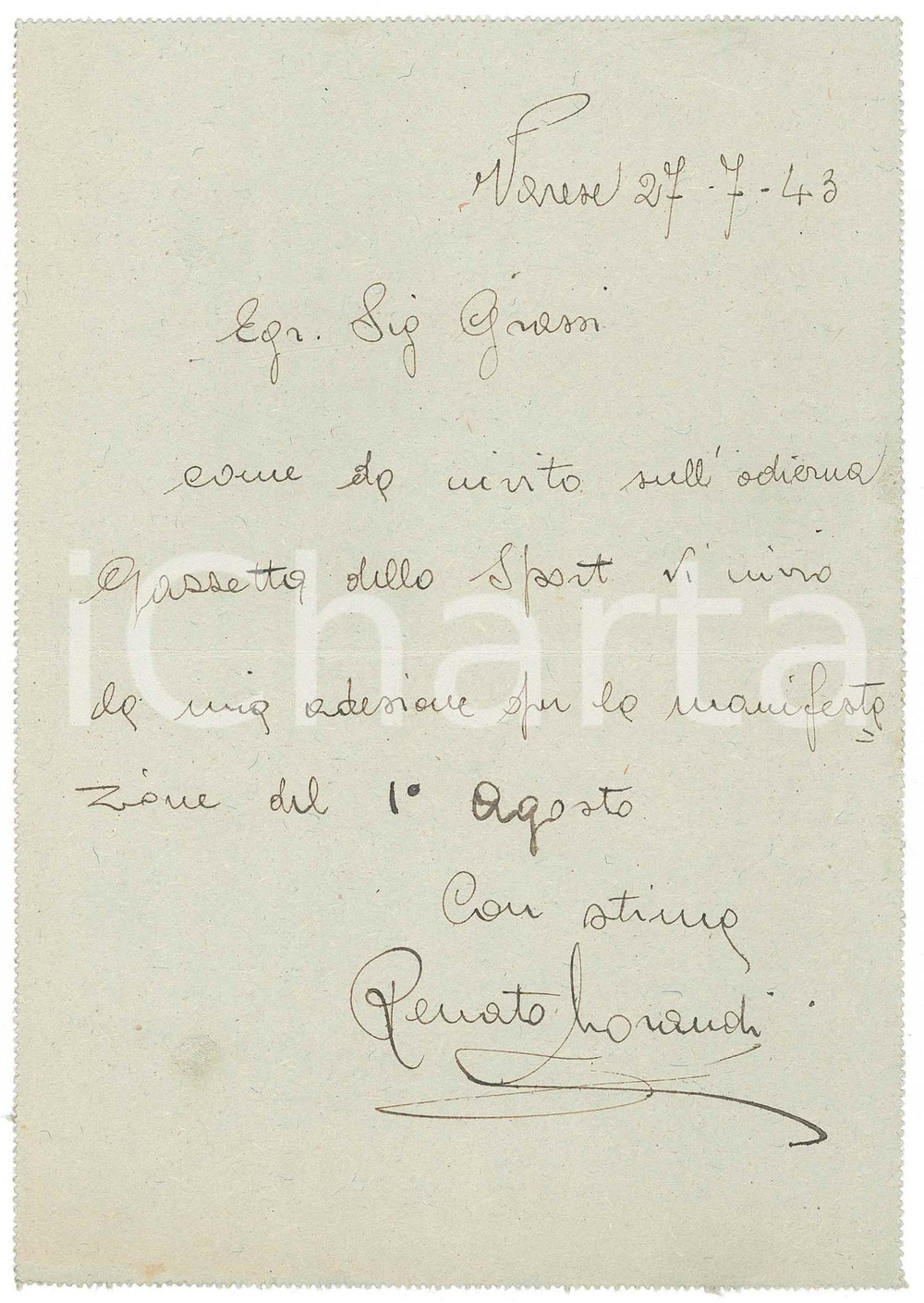 Autografo originale 1943 CICLISMO VARESE Dilettante Renato MORANDI conferma gara AUTOGRAFO 1
