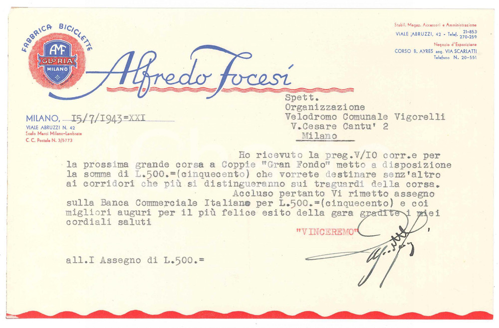 Autografo originale 1943 CICLISMO MILANO Alfredo FOCESI Biciclette  Lettera premi AUTOGRAFO 1