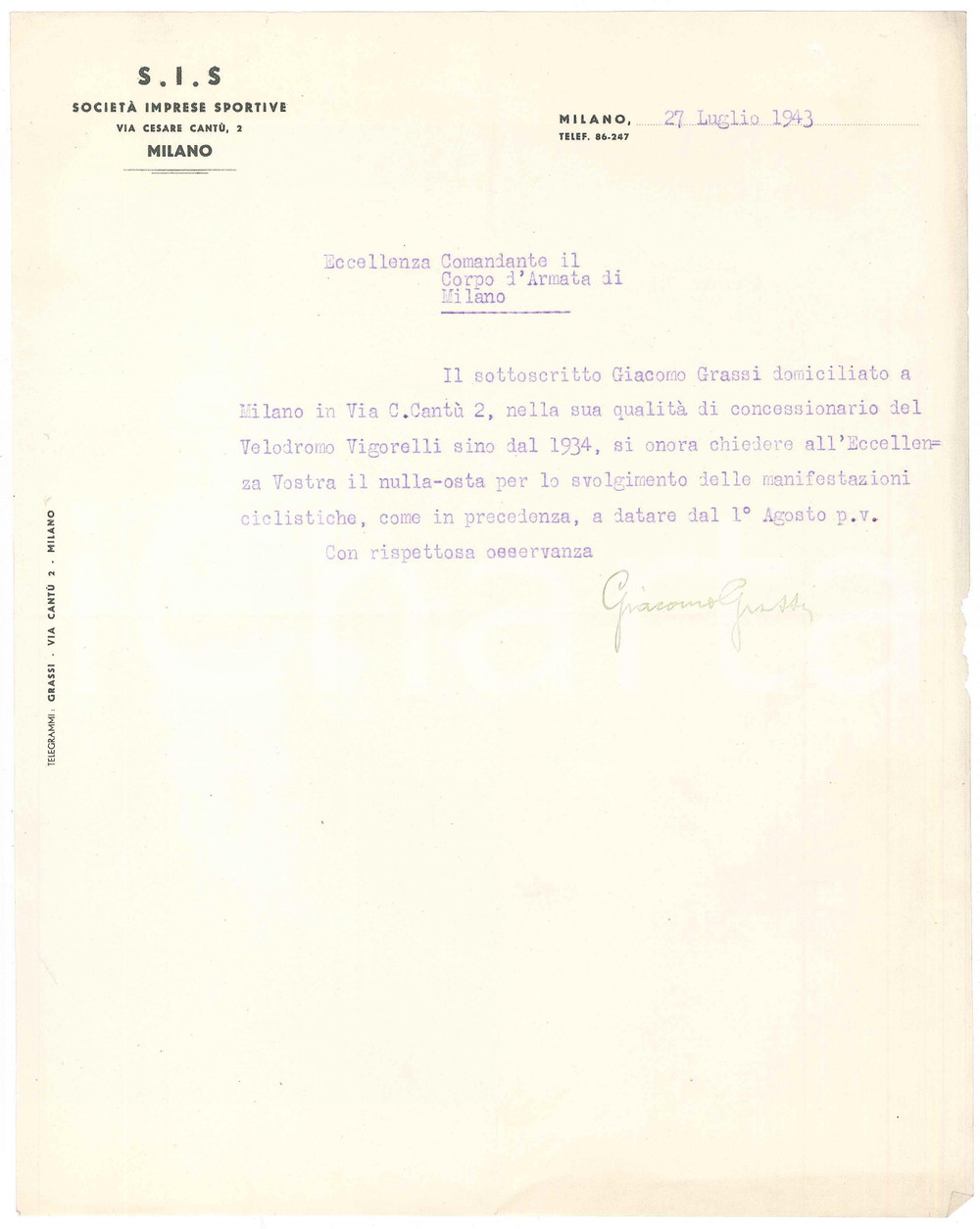 Documento originale, autentico 1943 MILANO CICLISMO SocietÃ  Imprese Sportive  Lettera Giacomo GRASSI Autografo 1