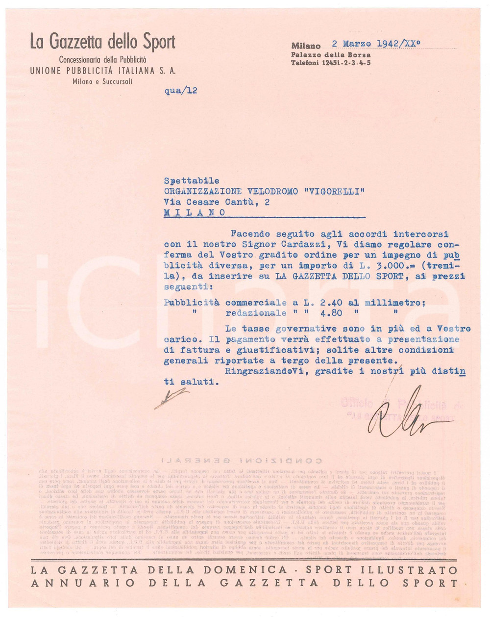 1942 MILANO CICLISMO - LA GAZZETTA DELLO SPORT - Lettera per pubblicità gara