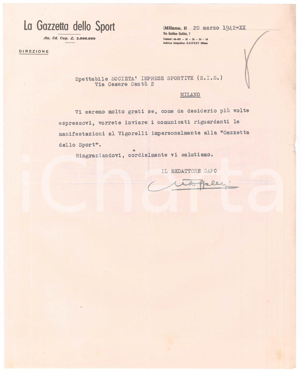 Documento originale, autentico 1942 MILANO CICLISMO  LA GAZZETTA DELLO SPORT  Lettera per comunicati 1