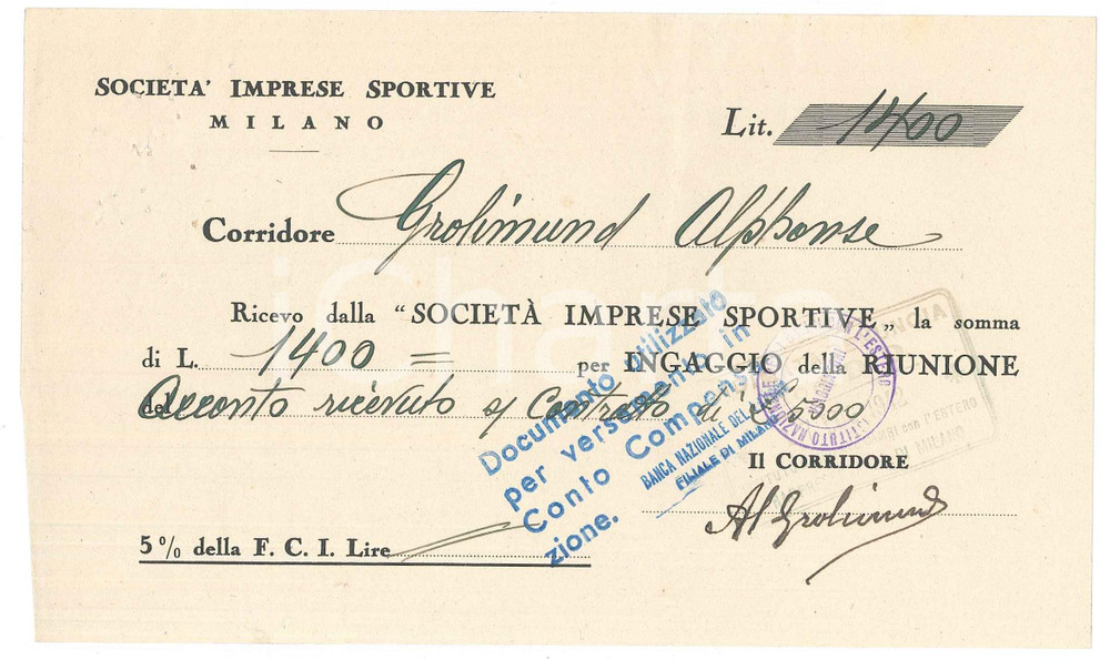 Autografo originale 1942 CICLISMO MILANO  Ricevuta Alfonso GROLIMUND per corsa AUTOGRAFO 1