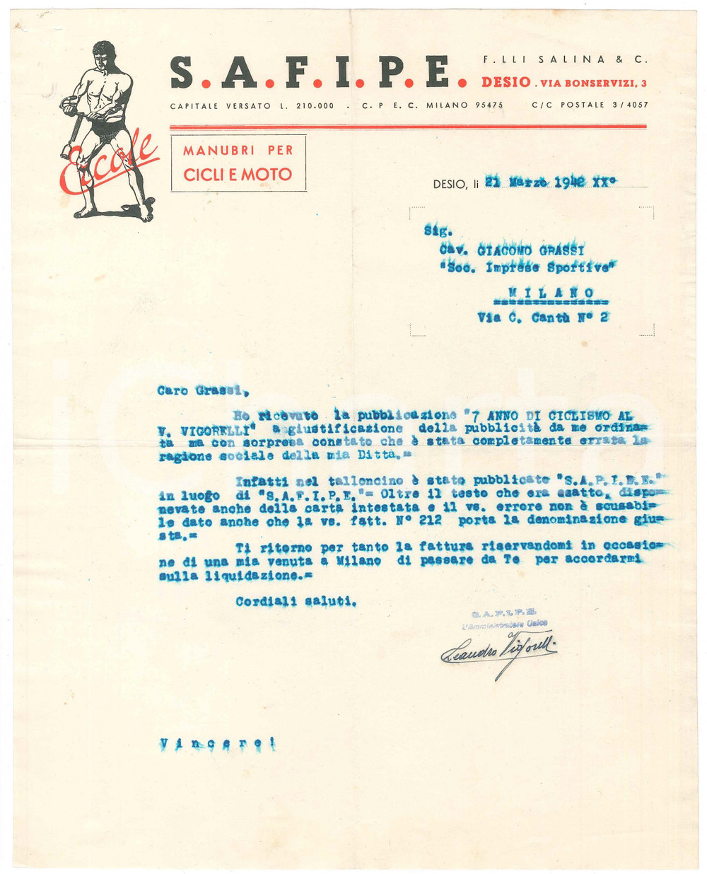 Autografo originale 1942 DESIO CICLISMO Leandro VIGORELLI  Ditta S.A.F.I.P.E. manubri  AUTOGRAFO 1