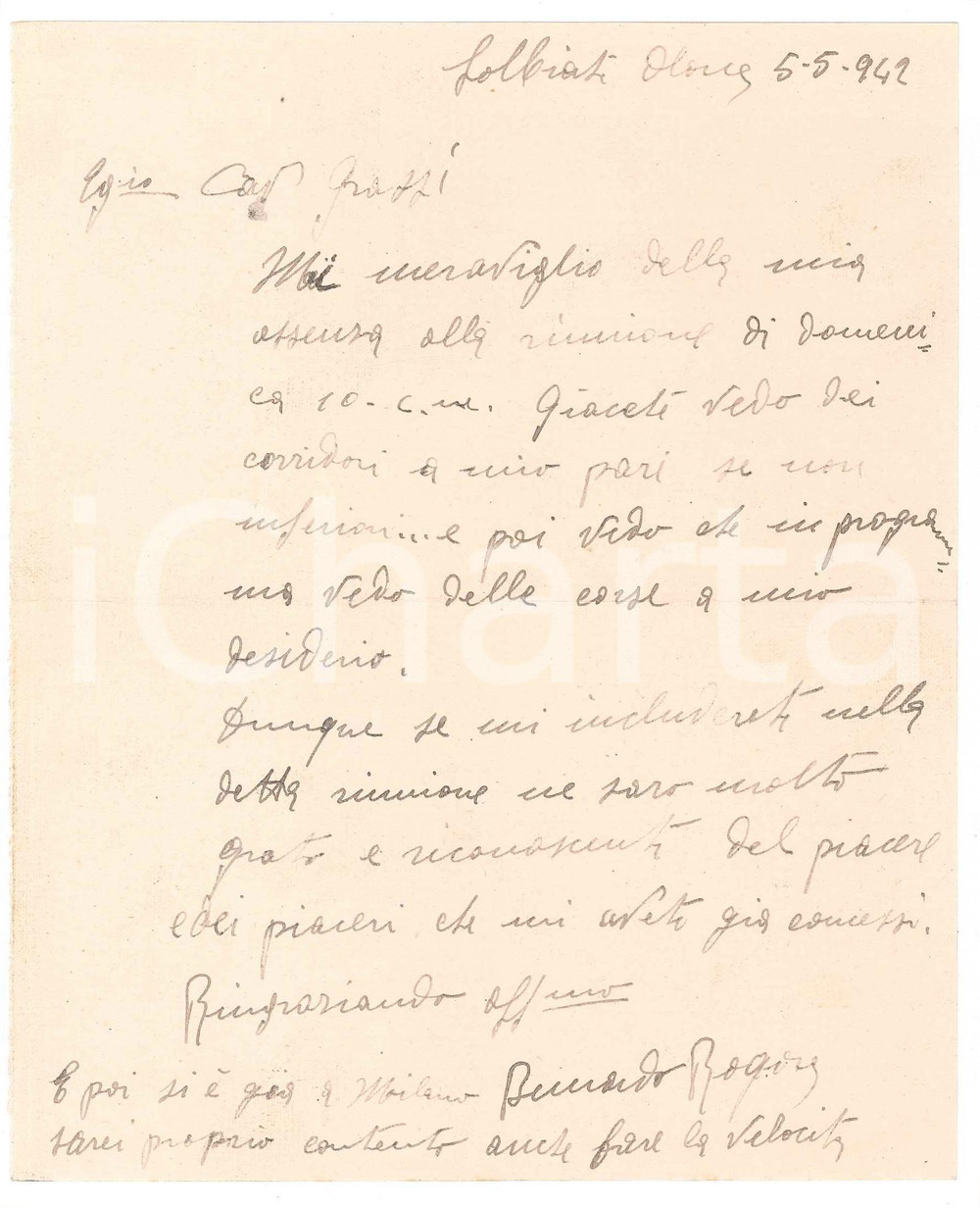 Autografo originale 1942 CICLISMO SOLBIATE OLONA Bernardo ROGORA non ingaggiato per gara AUTOGRAFO 1