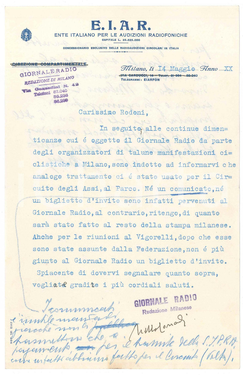 Autografo originale 1942 EIAR CICLISMO Reclamo Nello CORRADI pro Giornale Radio Autografo 1