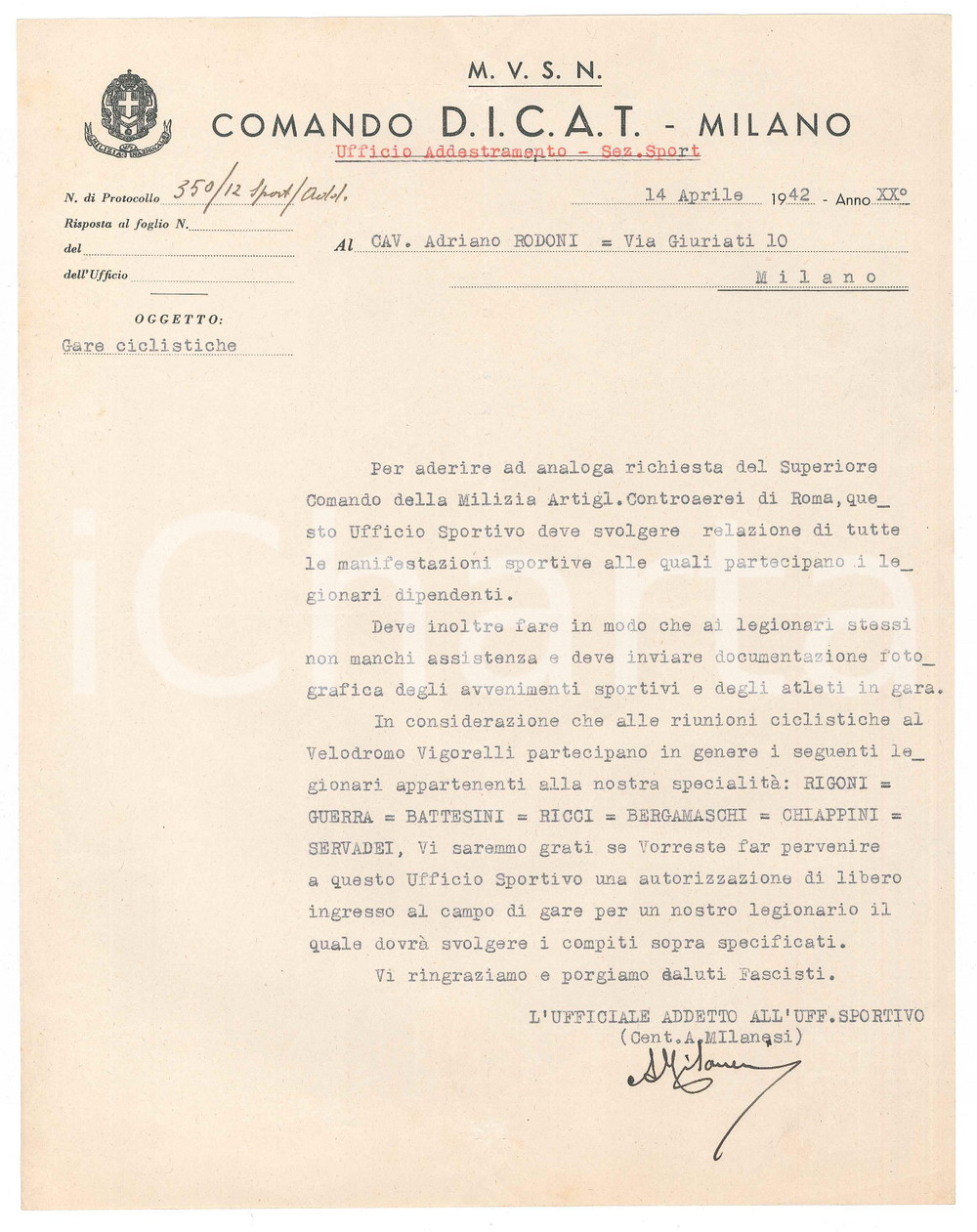 Documento originale, autentico 1940 MVSN MILANO  Comando DICAT  Lettera A. MILANESI per gare ciclismo 1