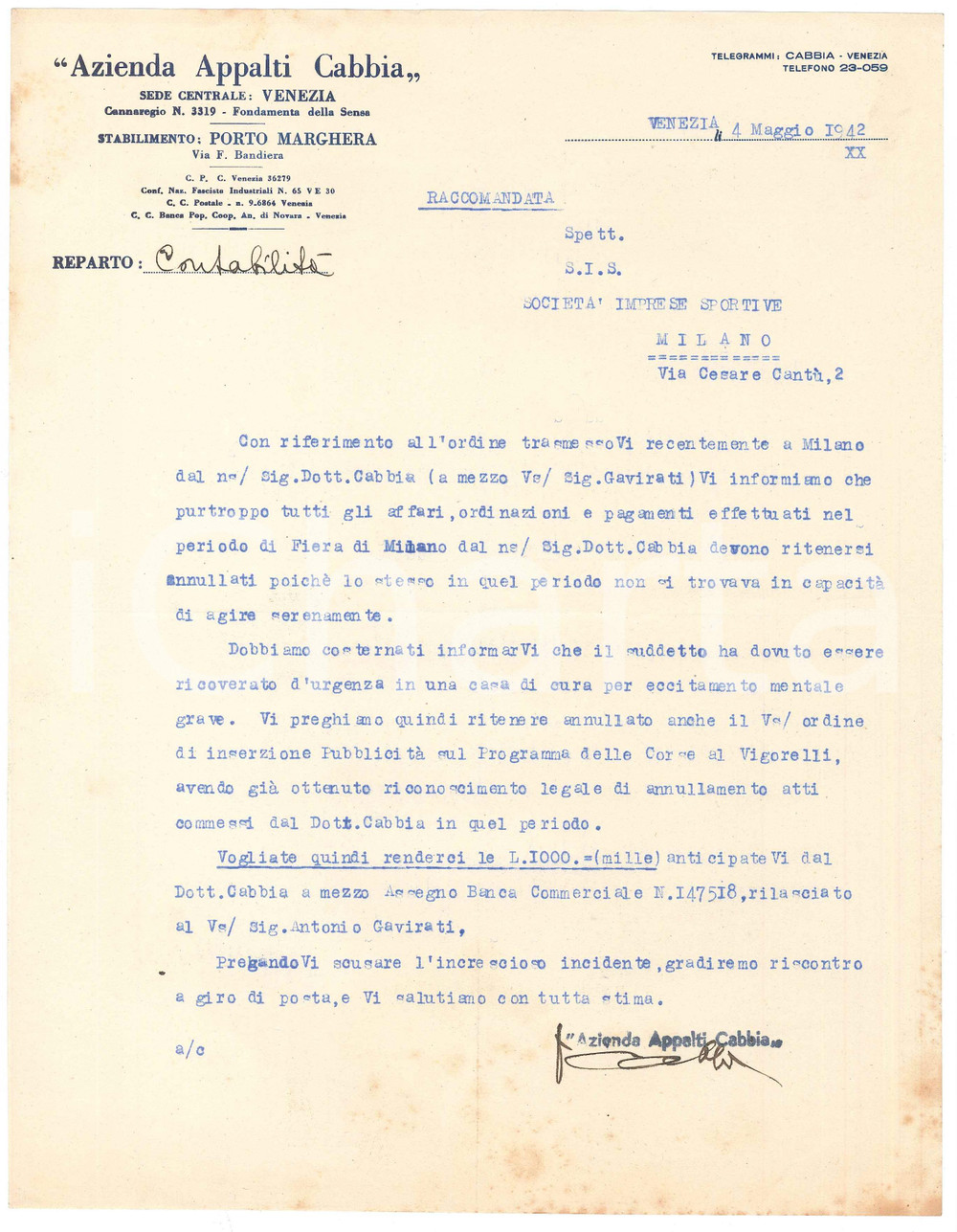 Manoscritto, lettera originale 1942 VENEZIA MARGHERA Azienda Appalti CABBIA  Lettera commerciale 1