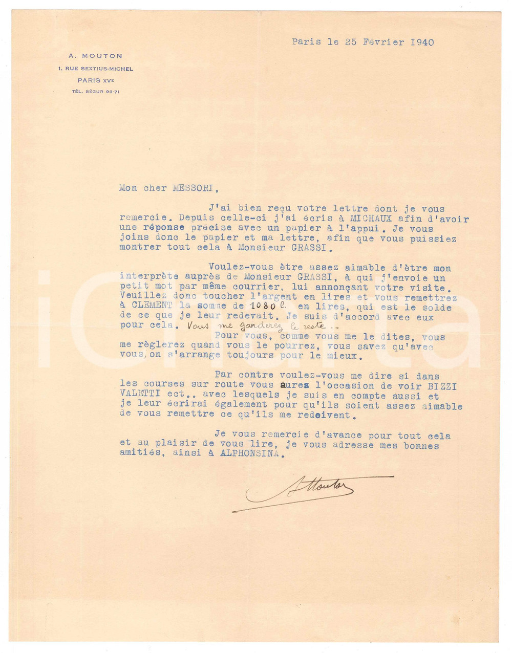 Autografo originale 1940 PARIS CICLISMO AndrÃ© MOUTON chiede saldo gara  AUTOGRAFO 1