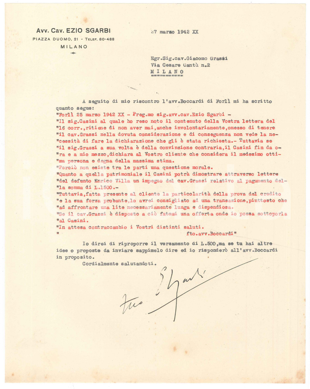 Manoscritto, lettera originale 1942 MILANO CICLISMO Lettera avv. Ezio SGARBI per una lite  Autografo 1
