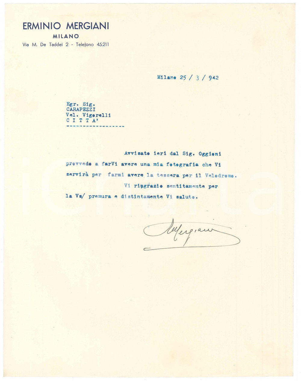 Autografo originale 1942 MILANO CICLISMO Lettera Erminio MERGIANI per tessera Vigorelli  Autografo 1