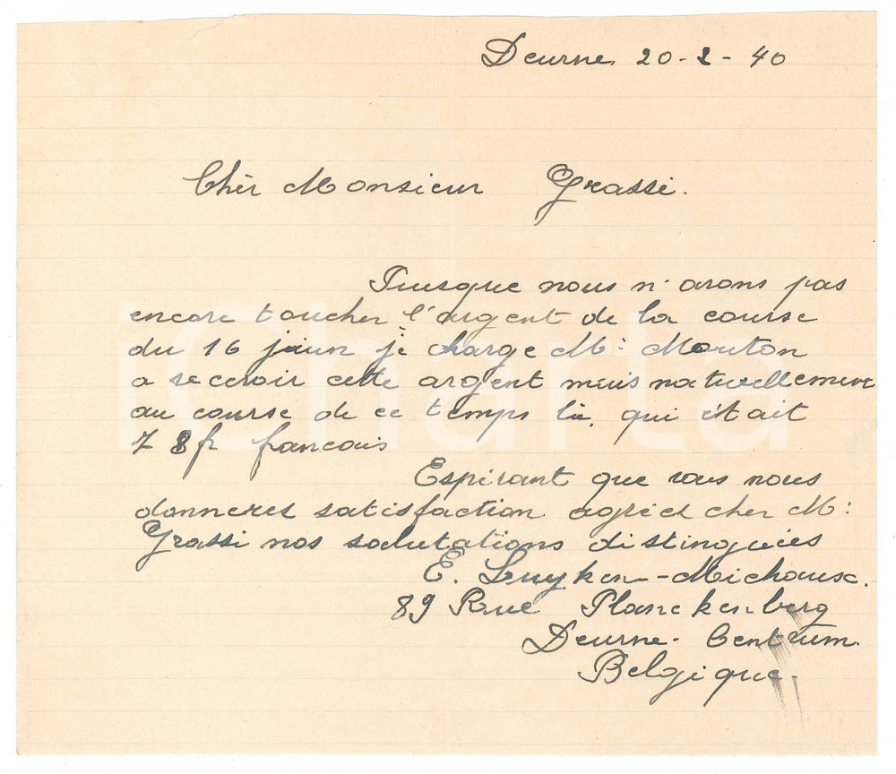 Autografo originale 1940 DEURNE CICLISMO Lettera E. LUYKEN Willy MICHAUX per saldo gara  Autografo 1