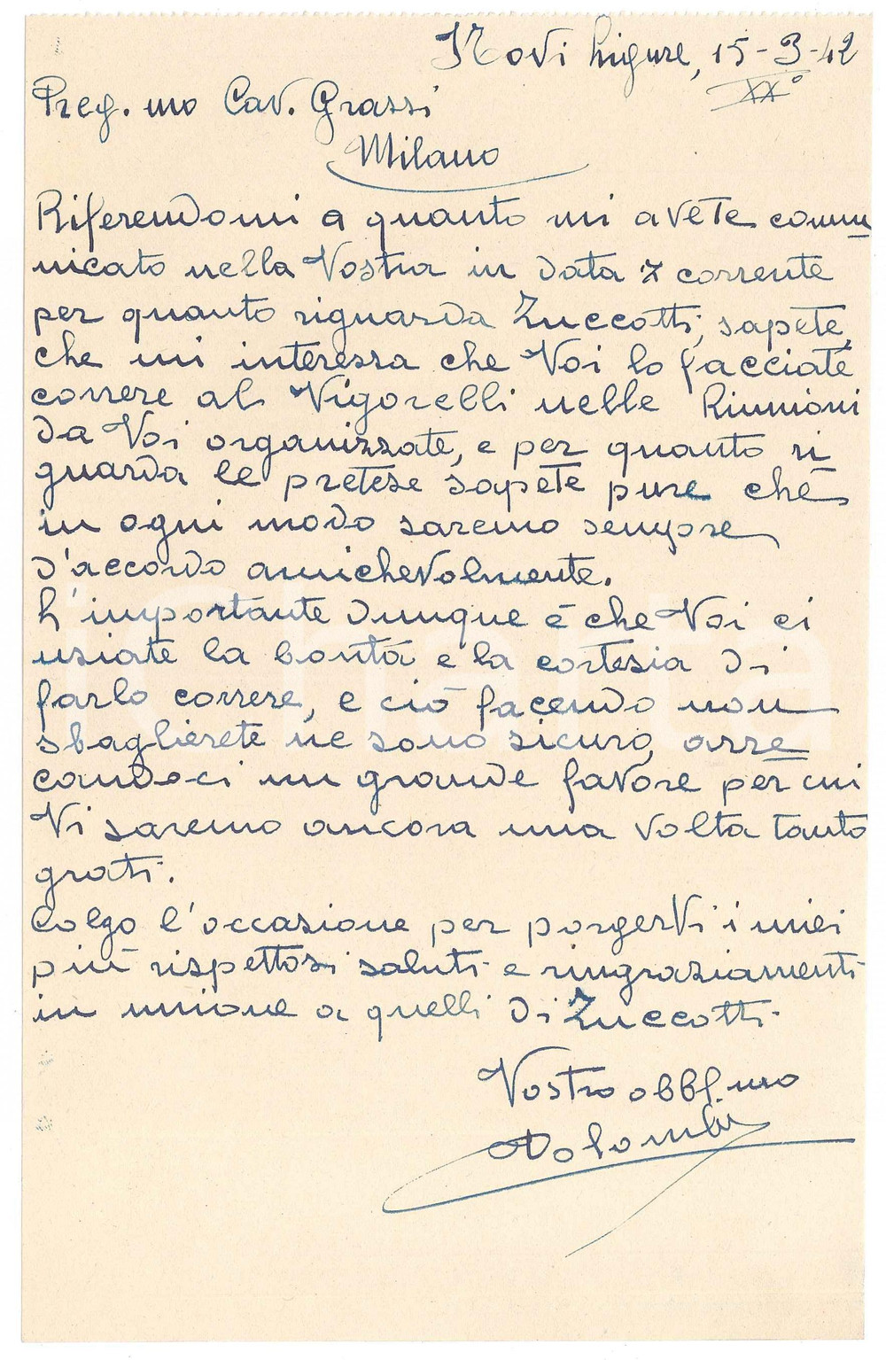 Autografo originale 1940 CICLISMO NOVI LIGURE Lettera Virginio COLOMBO massaggiatore  AUTOGRAFO 1
