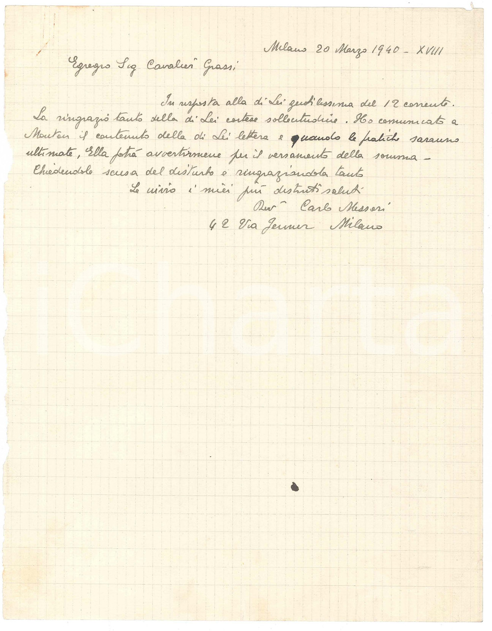 Autografo originale 1940 MILANO CICLISMO Lettera Carlo MESSORI per versamento  Autografo 1